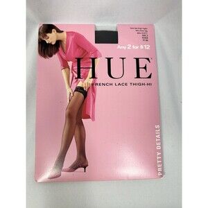 HUE French Lace Top Black Thigh Hi Stockings Size 2 Very Sheer Pretty Details